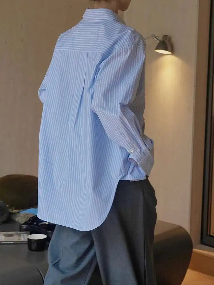 Women Blue Striped Vintage Big Size Blouse New Lapel Long Sleeve Loose Fit Shirt Fashion Tide Spring Autumn 2025 1DH1021