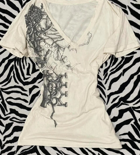 Y2k Aesthetic White Printing Punk Fairy Tshirts Harajuku Women Casual Bodycon Vintage Tees 2025 Summer Grunge Streetwear Tops
