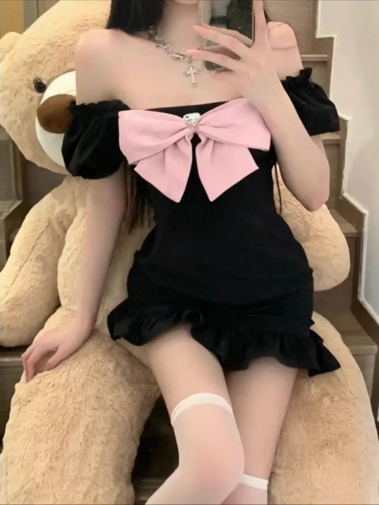 Y2k Summer Black Mini Dress Ruffle Off Shoulder Bodycon Wrap Short Dresses Party Slim Korean Fashion Kpop Outfits