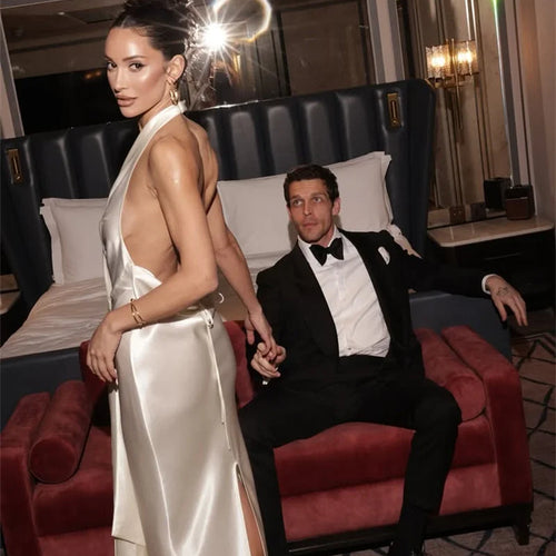 Load image into Gallery viewer, Satin Deep V Neck Backless Sexy Maxi Dress Women Elegant Halter Sleeveless Lace-up High Waist Draped Ruched Long Dress
