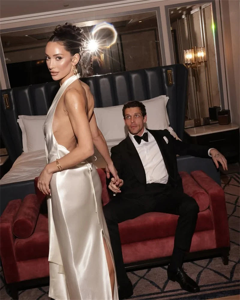 Satin Deep V Neck Backless Sexy Maxi Dress Women Elegant Halter Sleeveless Lace-up High Waist Draped Ruched Long Dress