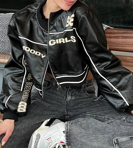 Streetwear Autumn Winter Zip Up Leather Jacket Women Stripe Spliced Letter Printed Cropped Coat Moto&Biker Style Chic