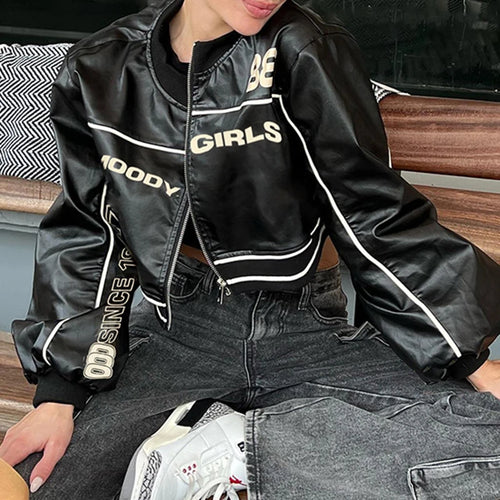 Load image into Gallery viewer, Streetwear Autumn Winter Zip Up Leather Jacket Women Stripe Spliced Letter Printed Cropped Coat Moto&amp;Biker Style Chic
