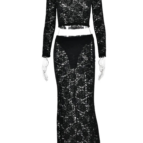 Load image into Gallery viewer, Sexy Lace Long Sleeve Set For Women T-shirt Top Split Long Skirt Perspective Two Piece Party Club Nightclub Autumn 2023
