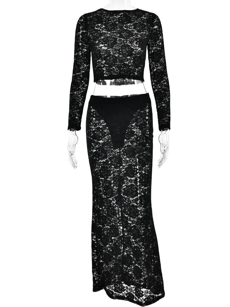 Sexy Lace Long Sleeve Set For Women T-shirt Top Split Long Skirt Perspective Two Piece Party Club Nightclub Autumn 2023