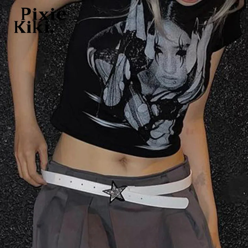 Black Graphic Tees Y2k Shirts 2000s Streetwear Emo Girl Clothes Short Sleeve Cropped Top Summer 2024 P84-BB16