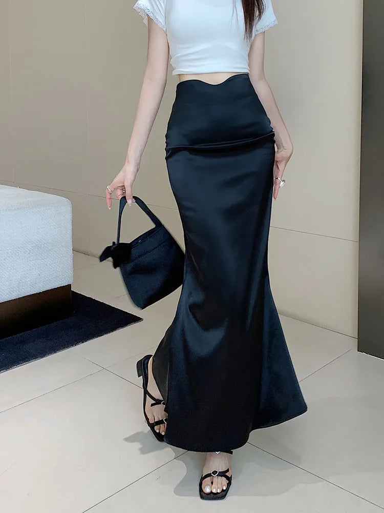 Black Office Pleated Fishtail Long Skirts Spring Summer Women 2024 Korean Version Brown High Waist Elegant Wrap Hip Skirt Ladies