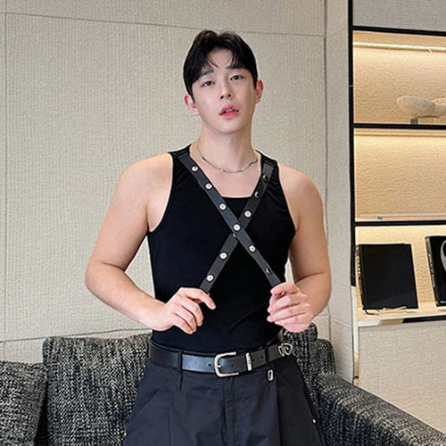 Load image into Gallery viewer, Men&#39;s Tank Top Summer Niche Design Silver Buckle Strap Round Neck Pullover Vest Solid Color Male Personality Top 9C5991
