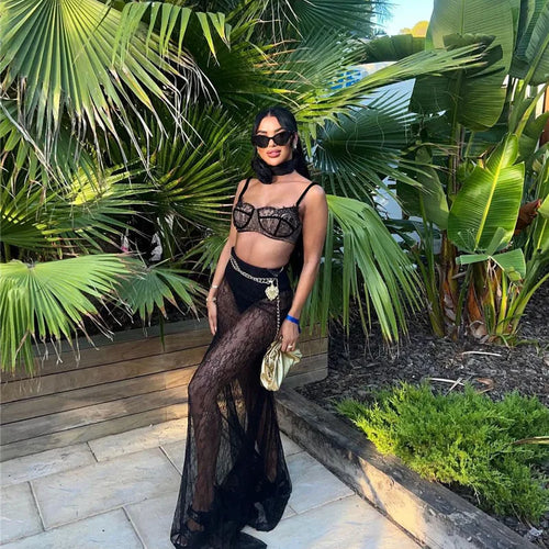 Load image into Gallery viewer, See Through Lace Two Piece Skirt Sets Women Crop Top And Maxi Skirt Sets Elegant Party Beach Sexy Two Piece Set
