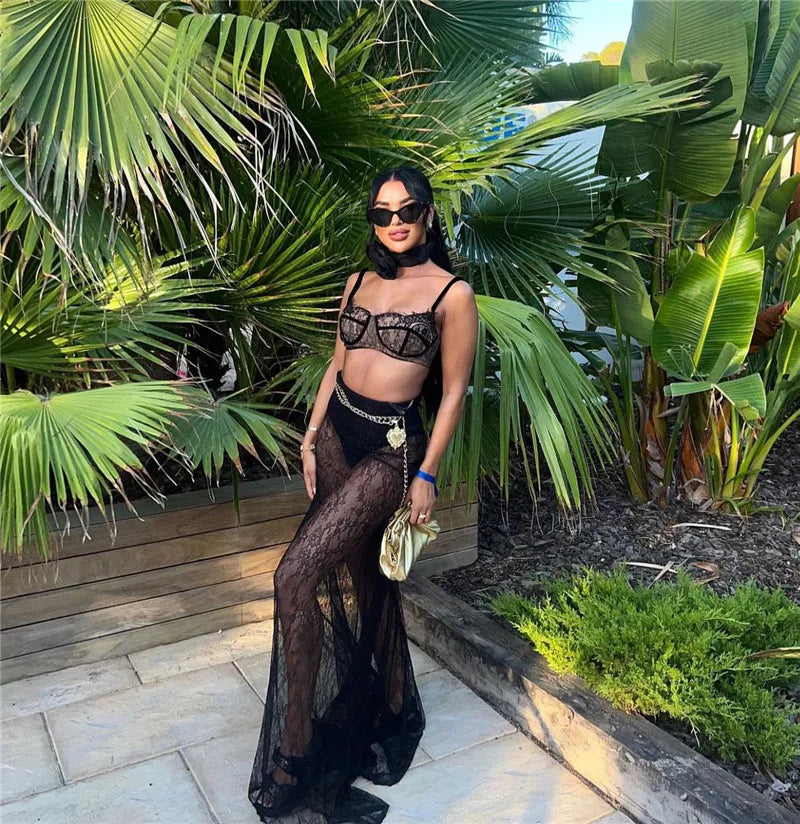 See Through Lace Two Piece Skirt Sets Women Crop Top And Maxi Skirt Sets Elegant Party Beach Sexy Two Piece Set