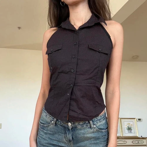 Load image into Gallery viewer, Streetwear Stripe Cargo Style Tank Top Buttons-Up Fashion Chic Summer Vest Sleeveless Summer Shirt Cropped Tops Slim
