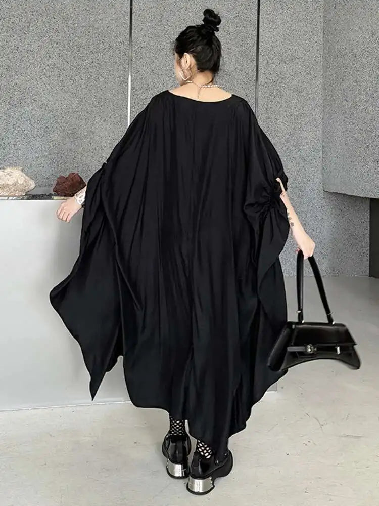 Women Black Pleated Irregular Big Size Long Dress New Round Neck Half Sleeve Fashion Tide Spring Summer 2025 1DH6284