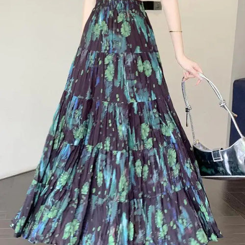Load image into Gallery viewer, French Vintage Green Floral Ruffled High Waist Vacation Pleated Long Skirt Spring Summe Women Elegant Party Skirt Popular Trendy
