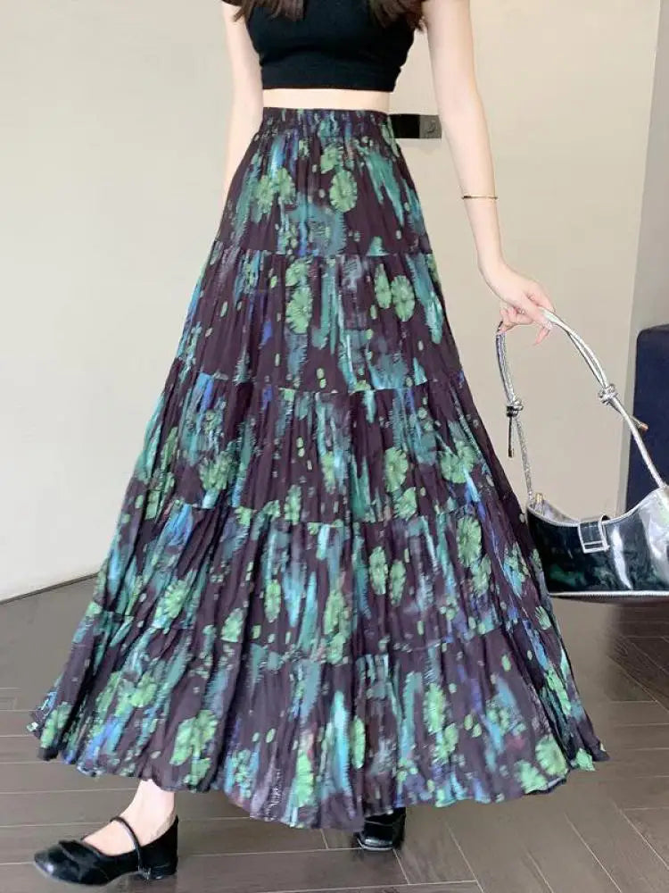 French Vintage Green Floral Ruffled High Waist Vacation Pleated Long Skirt Spring Summe Women Elegant Party Skirt Popular Trendy