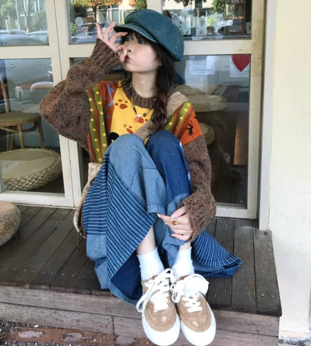 Loose Grunge Cartoon Jacquard Pullovers Y2k Aesthetic Vintage Knitted Sweaters Streetwear Patchwork Harajuku Women's Jumpers