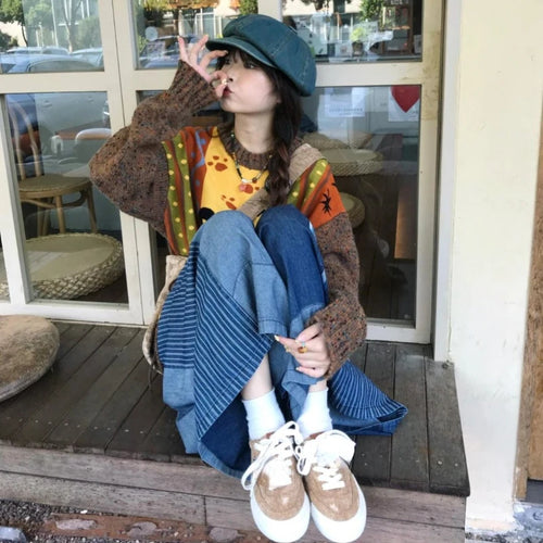 Load image into Gallery viewer, Loose Grunge Cartoon Jacquard Pullovers Y2k Aesthetic Vintage Knitted Sweaters Streetwear Patchwork Harajuku Women's Jumpers
