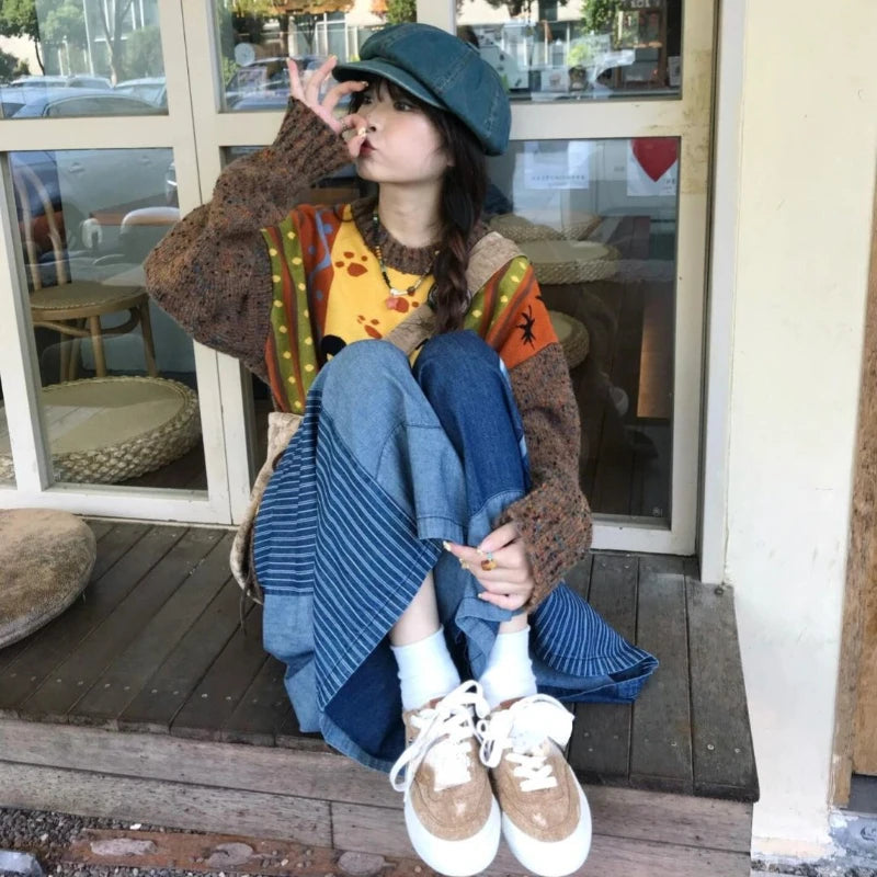 Loose Grunge Cartoon Jacquard Pullovers Y2k Aesthetic Vintage Knitted Sweaters Streetwear Patchwork Harajuku Women's Jumpers