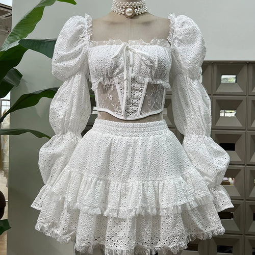 Load image into Gallery viewer, Solid Spliced Lace Sexy Two Piece Sets for Women Square Neck Long Sleeves Sheer Top High Waist Mini Skirt Set Female
