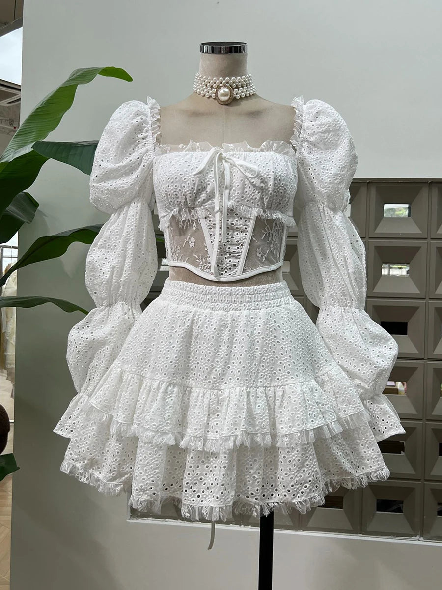 Solid Spliced Lace Sexy Two Piece Sets for Women Square Neck Long Sleeves Sheer Top High Waist Mini Skirt Set Female