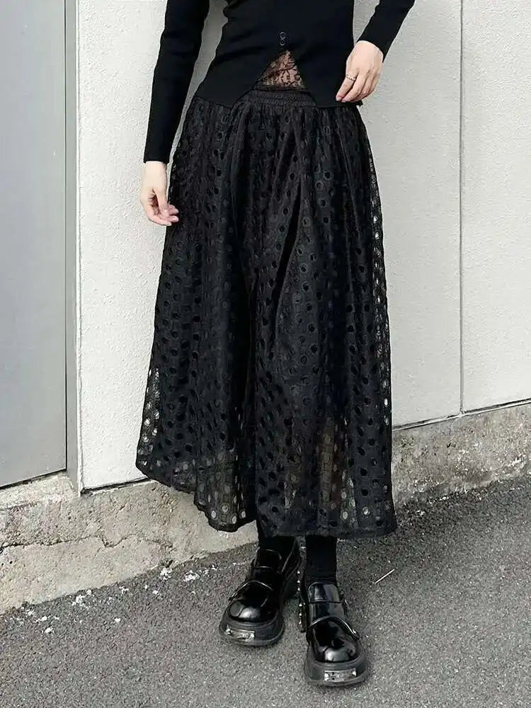 High Elastic Waist Black Lace Hollow Out A-line Elegant Half-body Skirt Women Fashion Tide New Spring Autumn 2025 1DH8738