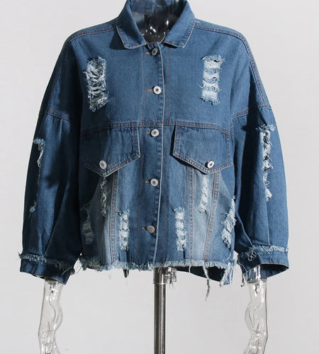 Spliced Pocket Embroidery Denim Jacket For Women Lapel Long Sleeve Patchwork Button Casual Loose Jackets Female New