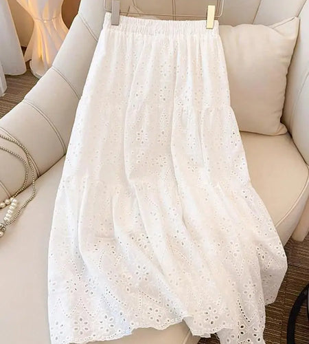 Ladies Black White Temperament Long Skirt Spring Summer Beige Embroidery Hollow Out A-line Skirts For Women Clothing Streetwear