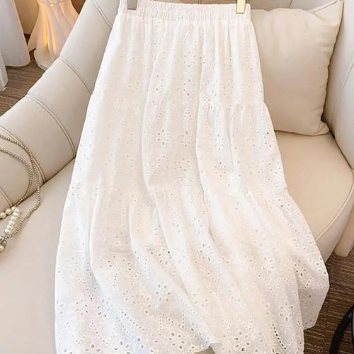 Load image into Gallery viewer, Ladies Black White Temperament Long Skirt Spring Summer Beige Embroidery Hollow Out A-line Skirts For Women Clothing Streetwear
