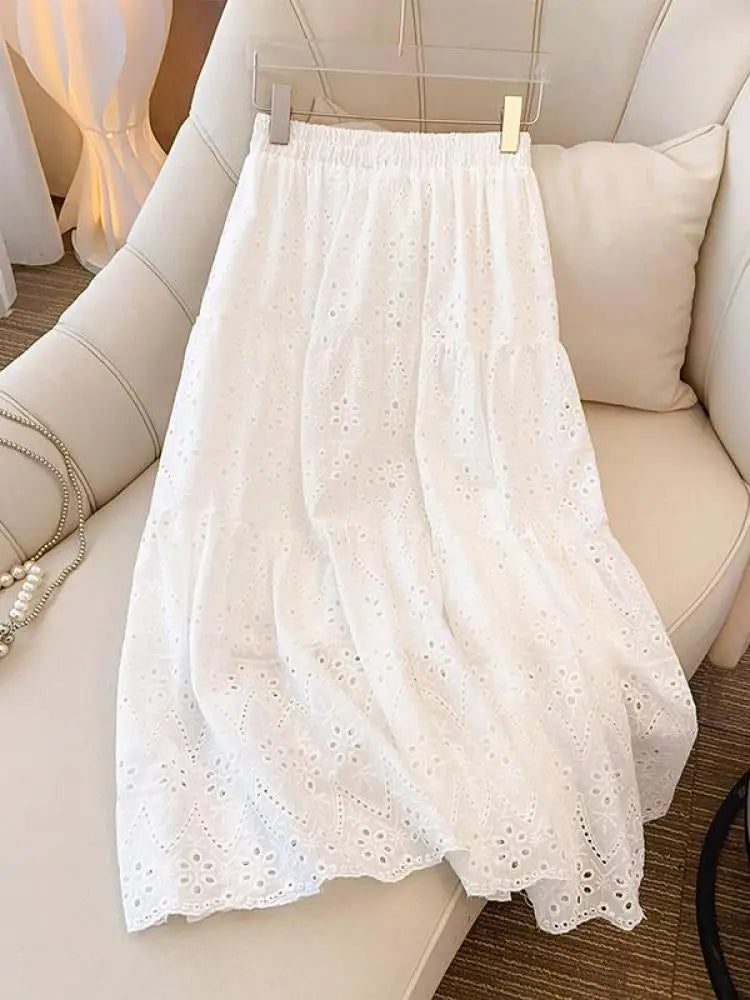 Ladies Black White Temperament Long Skirt Spring Summer Beige Embroidery Hollow Out A-line Skirts For Women Clothing Streetwear