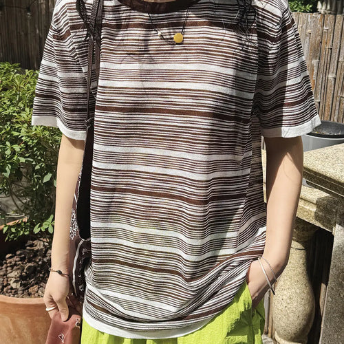 Load image into Gallery viewer, Women Black Coffee Striped Thin Knitting T-shirt New Round Neck Short Sleeve Fashion Tide Spring Summer 2025 1DJ1529
