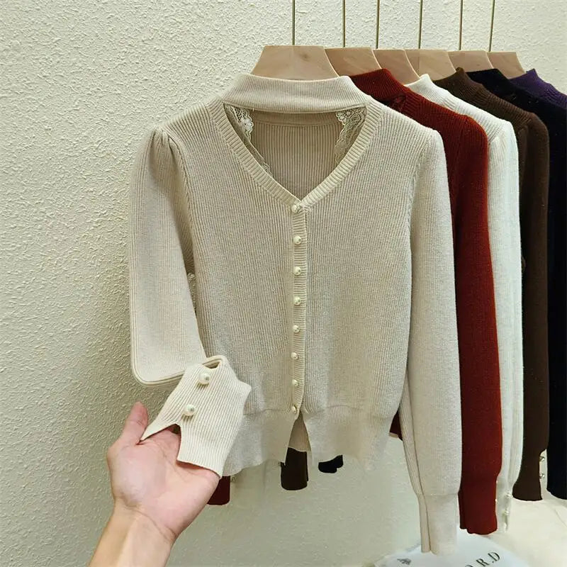 Autumn Winter Solid Lace Hollow Out Single Breasted Velvet Sweater Korean Fashion Women Warm Knitwear Long Sleeve Pullovers Tops