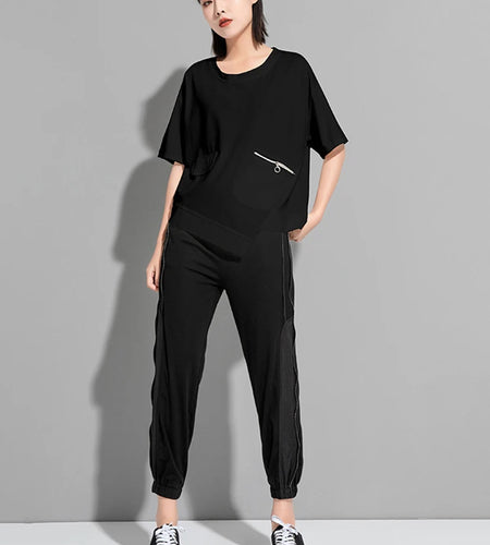 Women Black Zipper Irregular Big Size Casual T-shirt New Round Neck Shoort Sleeve Fashion Tide Spring Summer 2025 1DJ1827