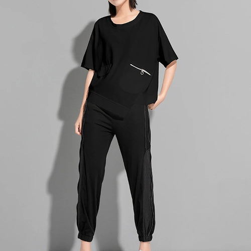 Load image into Gallery viewer, Women Black Zipper Irregular Big Size Casual T-shirt New Round Neck Shoort Sleeve Fashion Tide Spring Summer 2025 1DJ1827
