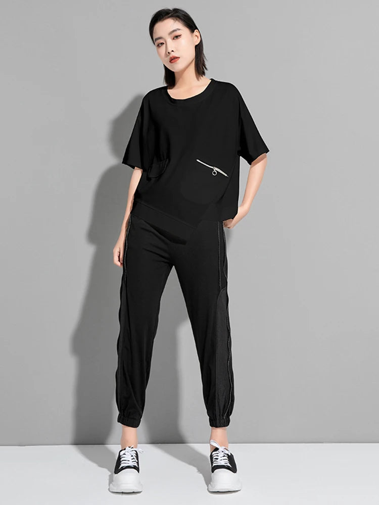 Women Black Zipper Irregular Big Size Casual T-shirt New Round Neck Shoort Sleeve Fashion Tide Spring Summer 2025 1DJ1827