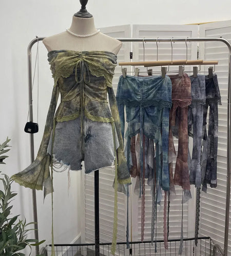 Slash Neck Tie-dye Harajuku T-shirts Streetwear Lace Patchwork Slim Fit Grunge Tops Women Y2k Aesthetic Vintage Drawstring Tees