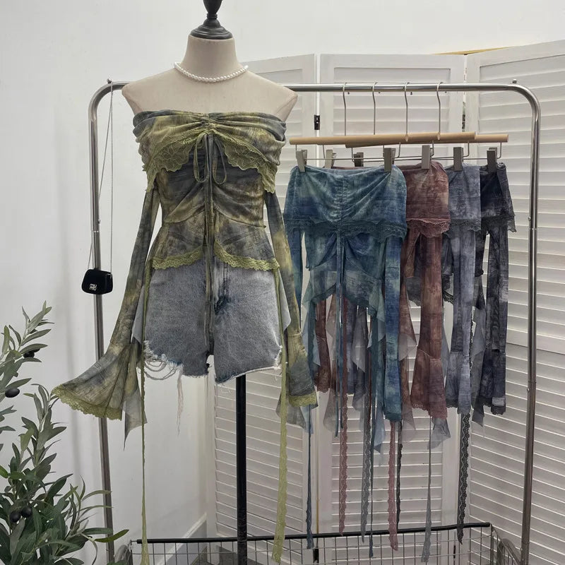 Slash Neck Tie-dye Harajuku T-shirts Streetwear Lace Patchwork Slim Fit Grunge Tops Women Y2k Aesthetic Vintage Drawstring Tees