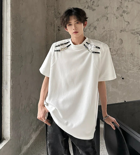 Korean Style Men's Short Sleeve T-shirts Metal Buckle Splicing Structure Trendy Round Neck Solid Color Male Tees 9W1911