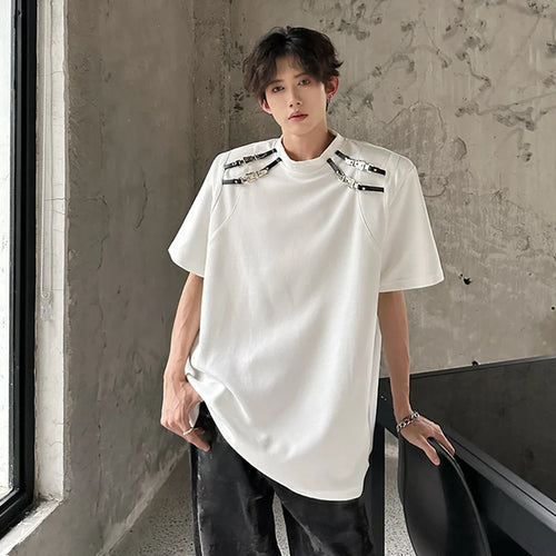 Load image into Gallery viewer, Korean Style Men&#39;s Short Sleeve T-shirts Metal Buckle Splicing Structure Trendy Round Neck Solid Color Male Tees 9W1911
