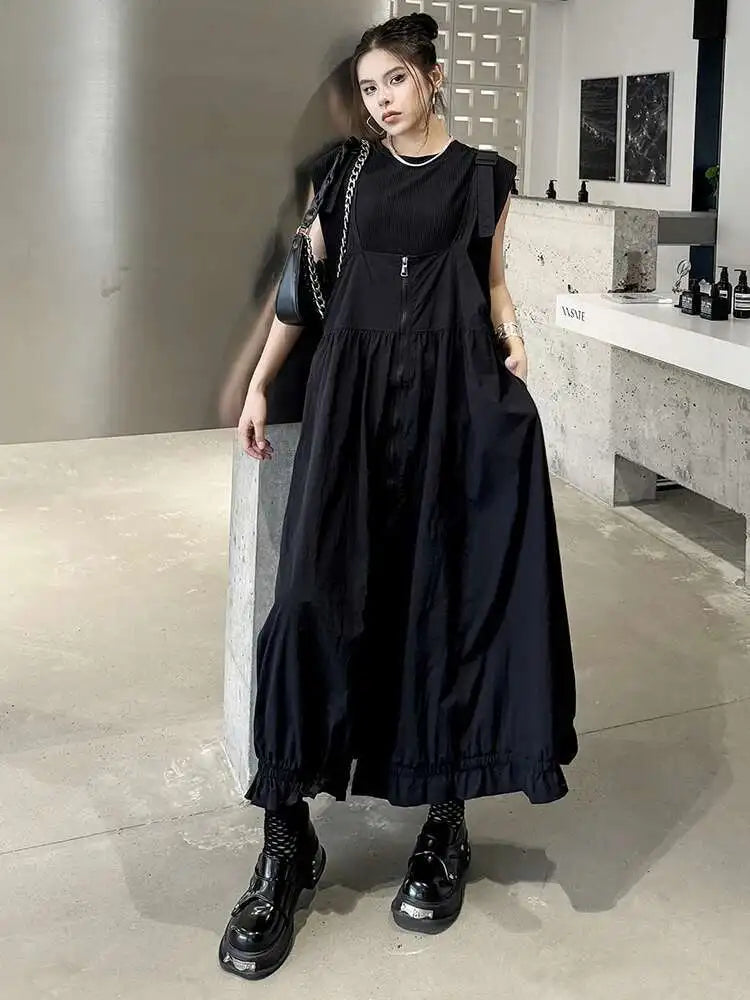 Women Green Pleated Pocket Big Size Strap Dress New Square Collar Sleeveless Fashion Tide Spring Autumn 2025 1DH6067