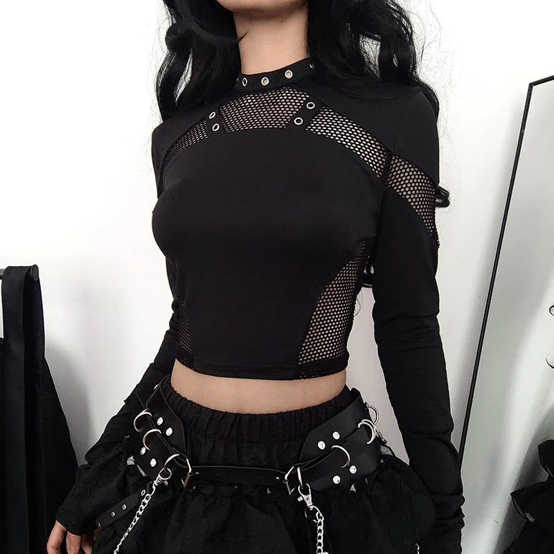 Gothic Dark Skinny Women T-shirts Fishnet Spliced Harajuku Crop Top Hollow Out Eyelet Punk Tee Shirt Stand Collar New