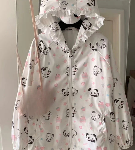 Japanese Kawaii Cartoon Print Jackets Loose Y2k Casual Sun Protection Women's Tops Lace Patchwork Preppy Grunge Hooded Coats