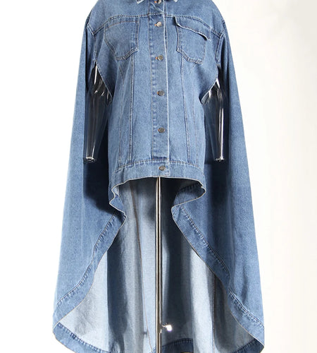Women Blue Denim Irregular Big Size Cloak Trench New Lapel Long Sleeve Windbreaker Fashion Tide Spring Autumn 2025 7AB6483