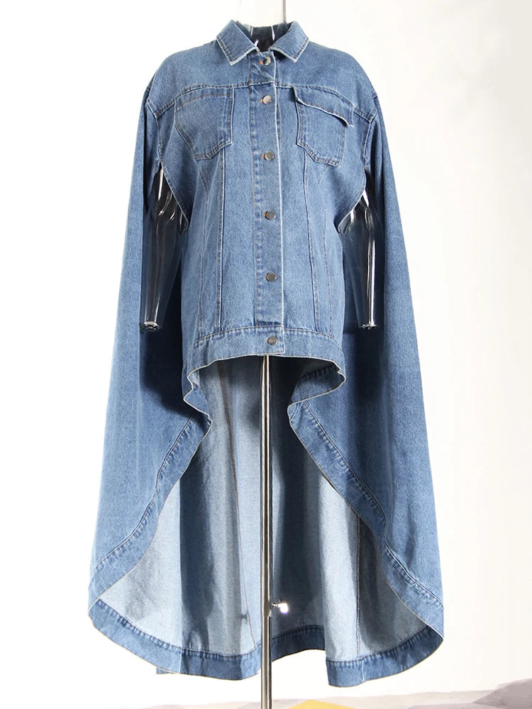 Women Blue Denim Irregular Big Size Cloak Trench New Lapel Long Sleeve Windbreaker Fashion Tide Spring Autumn 2025 7AB6483
