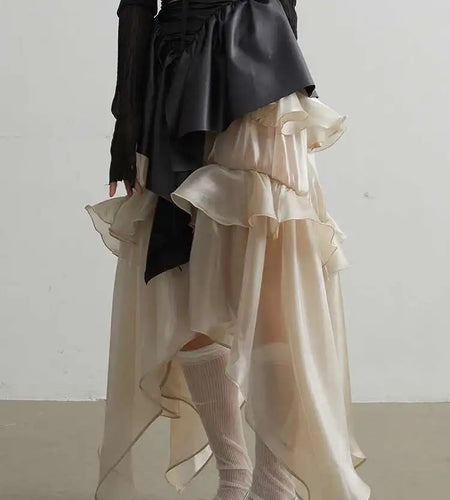 High Elastic Waist Champagne Glossy Irregular Ruffles Elegant Skirt Women Fashion Tide New Spring Autumn 2025 1DH2124