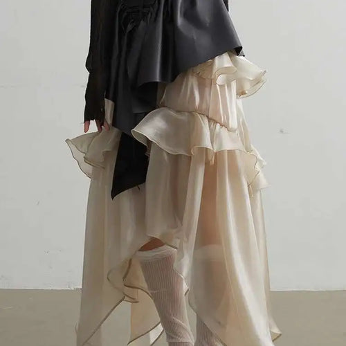 Load image into Gallery viewer, High Elastic Waist Champagne Glossy Irregular Ruffles Elegant Skirt Women Fashion Tide New Spring Autumn 2025 1DH2124
