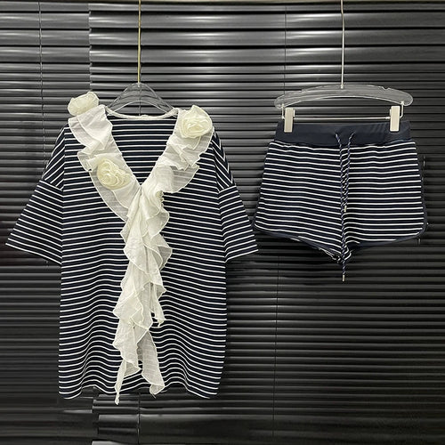 Load image into Gallery viewer, Loose Spliced Striped Two Piece Sets for Women V Neck Short Sleeves Patchwork Fungus Folds Top Short Set Female New
