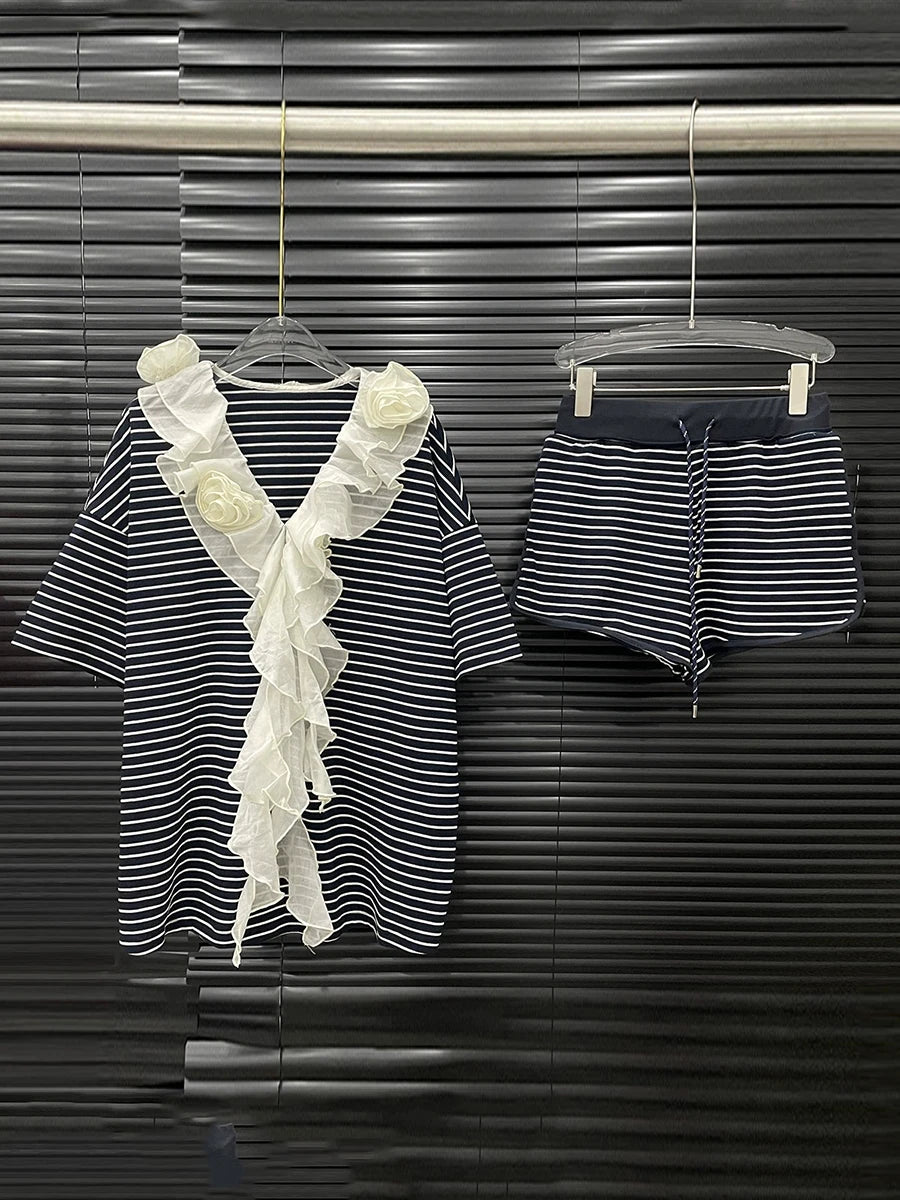 Loose Spliced Striped Two Piece Sets for Women V Neck Short Sleeves Patchwork Fungus Folds Top Short Set Female New