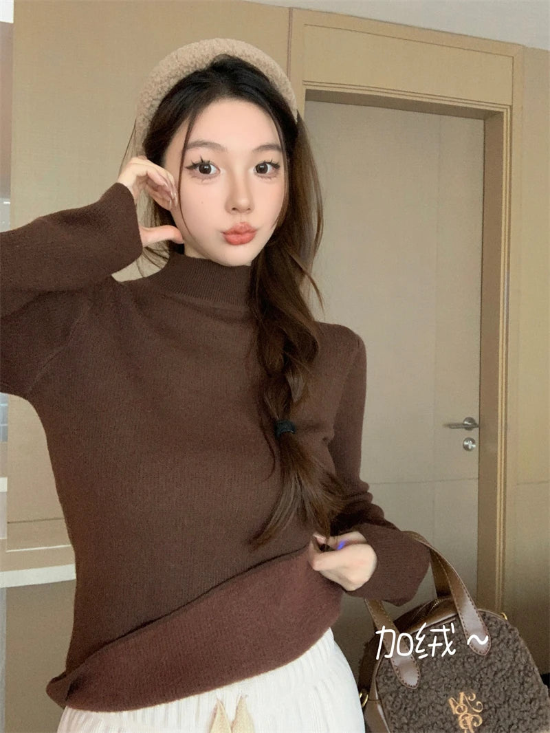 Solid Warm Elegant Fashion Half Turtleneck Sweater Women 2023 Autumn Winter Vintage Basic Long Sleeve Plush Pullover Tops Simple