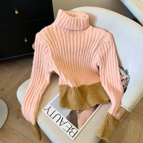 Load image into Gallery viewer, Korean Women Patchwork Pullover Sweater Autumn Winter Turtleneck Long Sleeve Slim Knitted Tops 2024 Ladies Casual Warm Clothing
