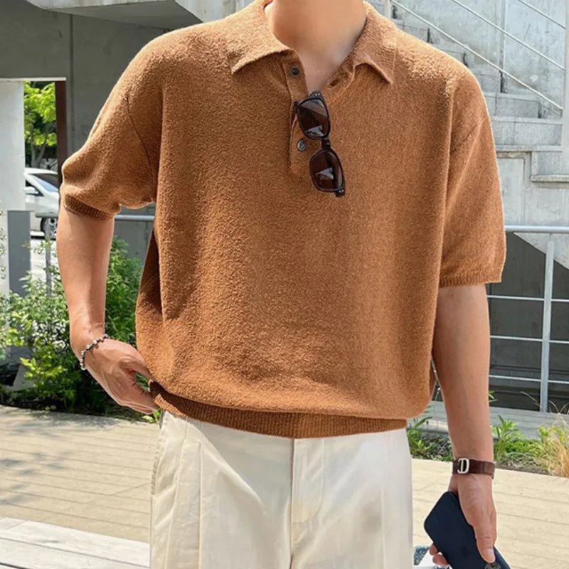 Short Leeved Men's T-shirt Korean Style  Simple Retro Kniting Lapel Trend Fashion Loose Casual Male Top 9C5632