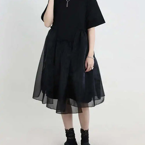 Load image into Gallery viewer, Women Black Organza Big Size Casual Dress New Round Neck Short Sleeve Loose Fit Fashion Tide Spring Summer 2025 1DF5074
